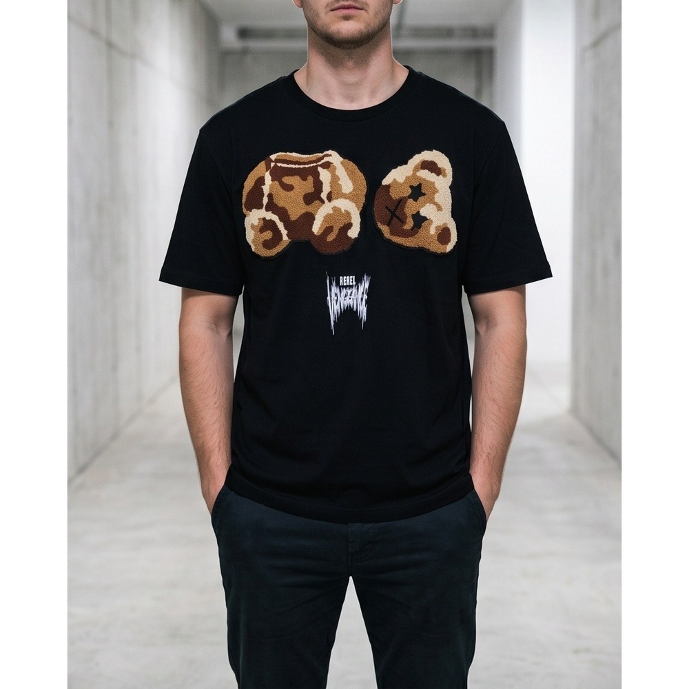Rebel Vengeance Mens 2XL T-Shirt Black Camo Teddy Bear Chenille Patch NWT